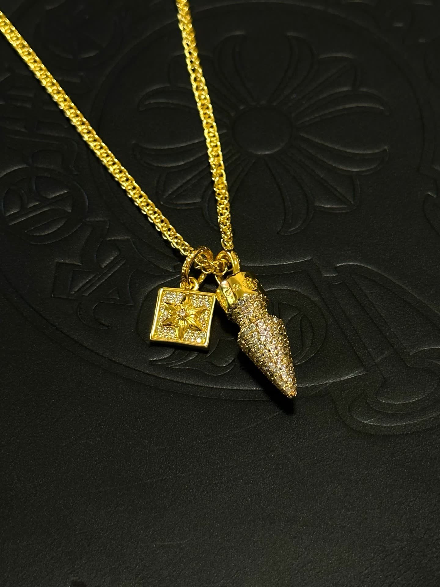 Chrome Hearts Gold Plated Diamond-Studded Necklace with Star and Spike Pendant